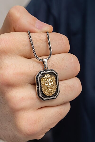 YÜZÜK SANATI Kabartma Aslan Başı Motifli Tilki Kuyruğu Zincirli Gümüş Erkek K...