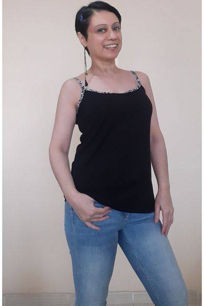 Mertcan Butik Black Combed Cotton Viscose T-Shirt with Floral Piping Detail and Rope Strap