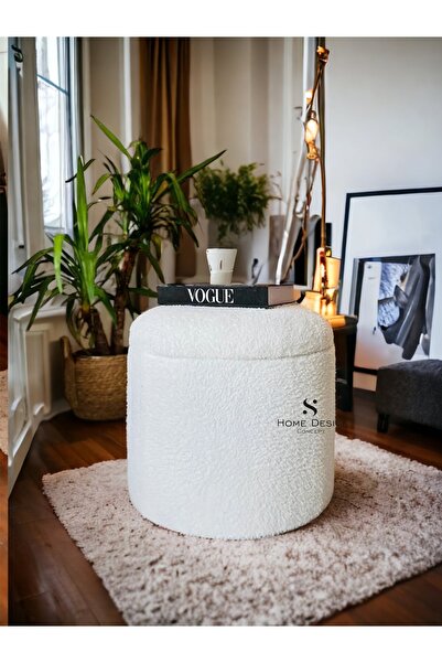 S Home Design Concept Mints Sandıklı Silindir Puf, Teddy, Beyaz