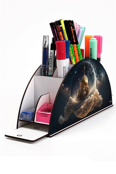 kutuTR Wooden Vip Islam And Flag Model Rainbow Ruled Desktop Pen Holder Organizer Assembled Boxed