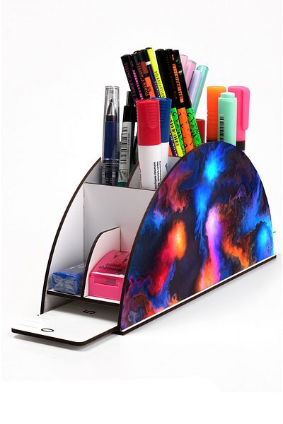 kutuTR Wooden Vip Galaxy Model Rainbow Ruled Desktop Pen Holder Organizer Assembled Boxed