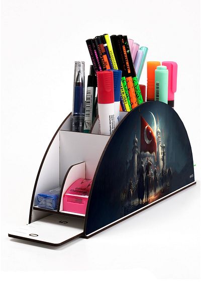 kutuTR Wooden Vip Islam And Flag Model Rainbow Ruled Desktop Pen Holder Organizer Assembled Boxed