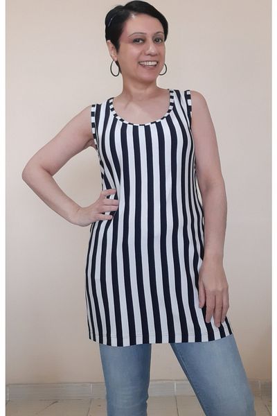 Mertcan Butik Navy Blue White Striped Strap Combed Cotton Viscose T-Shirt