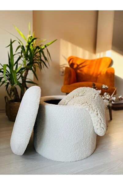 PUFANNA Handmade X Large Beyaz Tedy Kumaş Sandıklı Silindir Dekoratif Pufidik...