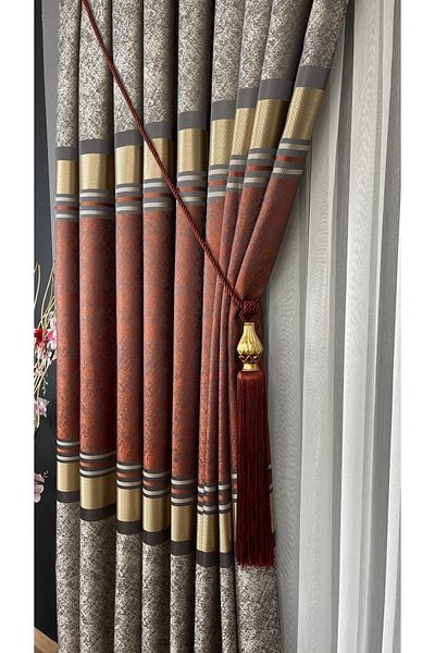 Yuka Panel Background Curtain Mink Tile Gold Single Wing Closely Pleated Jacquard Shiny Patterned 90 X 270