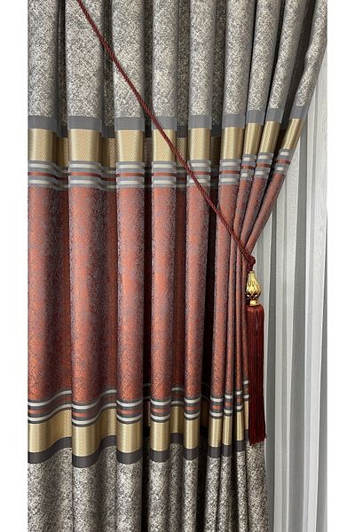 Yuka Panel Background Curtain Mink Tile Gold Single Wing Closely Pleated Jacquard Shiny Patterned 90 X 270