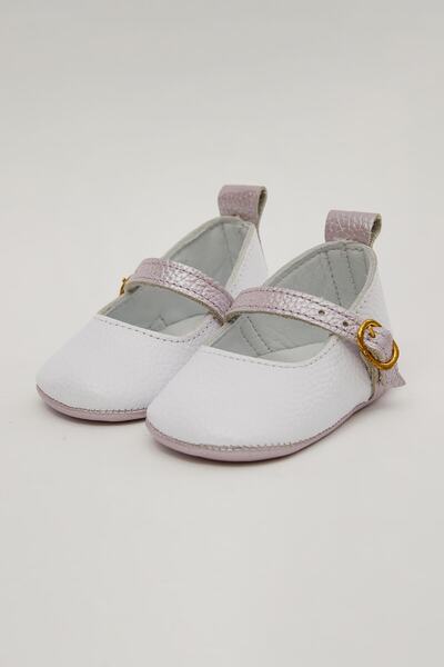 Beybium Luna Sedefli Hakiki Deri Çift Renk Bebek Babet Beyaz