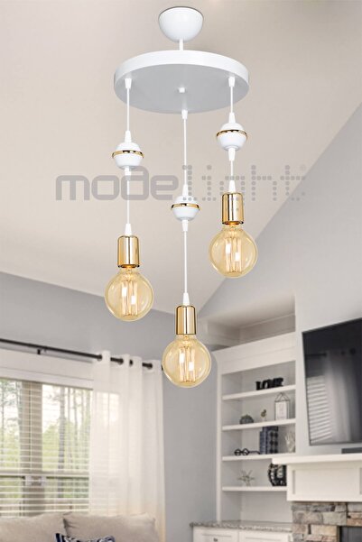Modelight Akses 3lü Beyaz Gold Dekoratif Avize Salon-oturma-çocuk-yatak Odası...