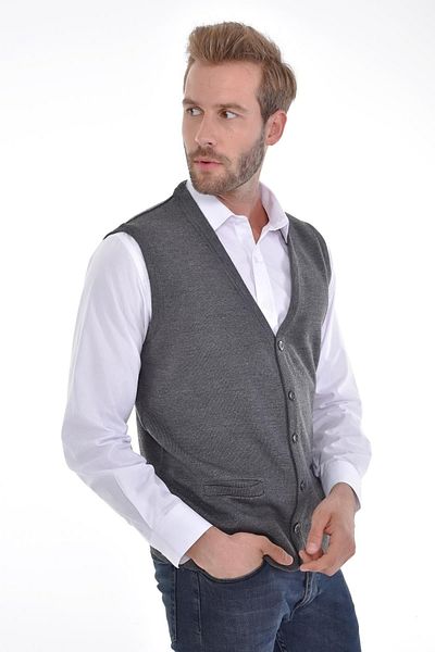 Çizgi Triko Men's Knitwear Gray Vest Buttoned Pocket Detailed Woven Steel Knit