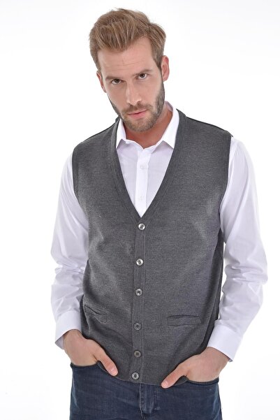 Çizgi Triko Men's Knitwear Gray Vest Buttoned Pocket Detailed Woven Steel Knit