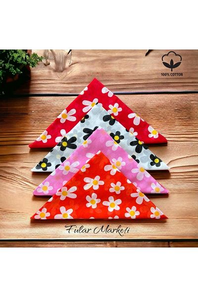 Fular Marketi 100% Cotton 4 Pieces Daisy Pattern Bandana Red White Pink Orange
