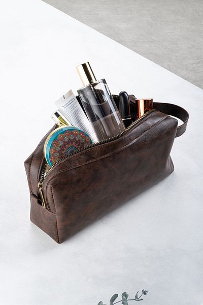 DK LEATHER Coffee Portfolio Handbag Pu Leather Daily Travel Makeup Bag - με φερμουάρ και λαβή μεταφοράς