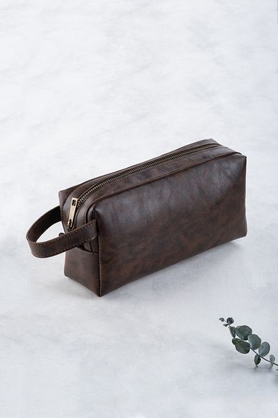 DK LEATHER Coffee Portfolio Handbag Pu Leather Daily Travel Makeup Bag - με φερμουάρ και λαβή μεταφοράς
