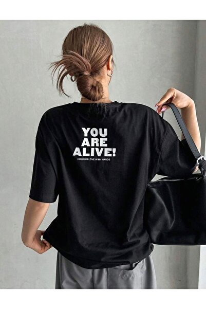 AFROGİYİM Ženska majica You Are Alive Štampano Oversize kroj T-shirt