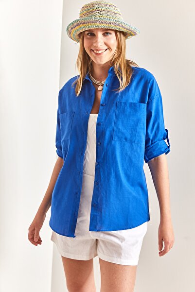 Bianco Lucci Cămașă oversize de in pentru femei cu buzunar dublu