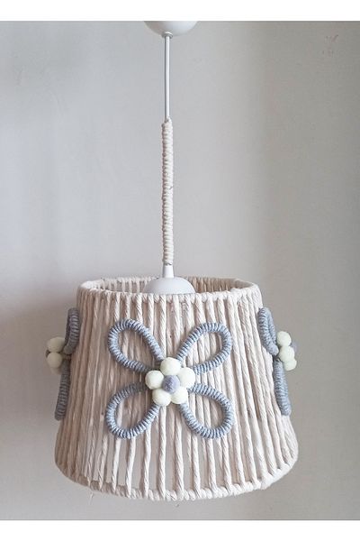 C&A&B KUZEY AVİZE Ecru Macrame String Wrap Gray Flower Applique Pompom Design Baby Girl Child-Teen Room Pendant Lamp Chandelier