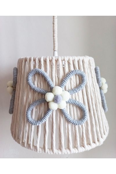 C&A&B KUZEY AVİZE Ecru Macrame String Wrap Gray Flower Applique Pompom Design Baby Girl Child-Teen Room Pendant Lamp Chandelier