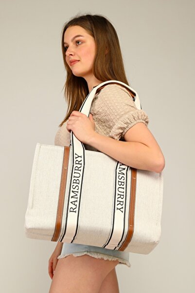 Ramsburry Kadın Krem Kanvas Kumaş Vegan Deri Detaylı Pamuk Kolonlu Büyük Boy Plaj Çantası & El Çantası