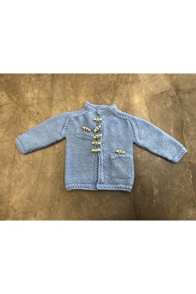 izelticaret El Örgüsü Selanik Örgü Modelli Ahşap Düğme Detaylı Mavi Erkek Beb...