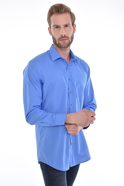 Çizgi Triko Κλασικό γιακά με τσέπες Κλασικό μονόχρωμο μπλε μακρυμάνικο ανδρικό πουκάμισο