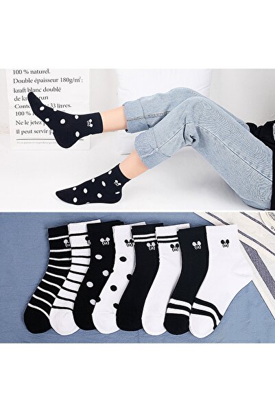 çorapmanya 8 Çift Çok Renkli Mouse Desenli Çizgili Pamuklu Kolej Tenis Çorap