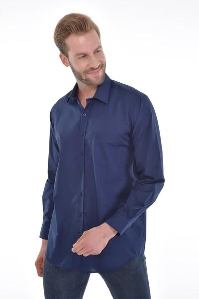 Çizgi Triko Класична сорочка з кишенями, класичним коміром, прямим кроєм, довгими рукавами, темно-синього кольору