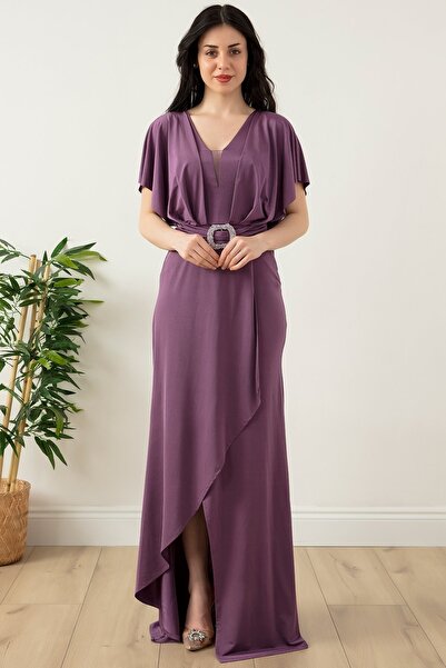 PULLIMM Μακρύ σατέν βραδινό φόρεμα με ζώνη 39678