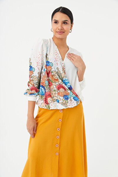 Hanna's by Hanna Darsa Kadın Beyaz Çiçek Desenli Kruvaze Örme Bluz