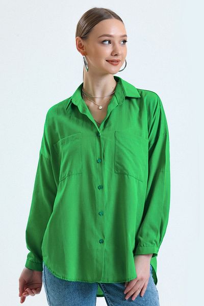 MD trend Cămașă de bază din poplin, lungă, supradimensionată, verde, cu buzunar