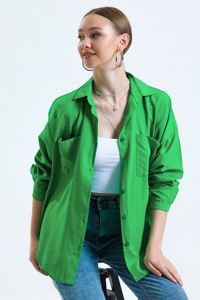 MD trend Cămașă de bază din poplin, lungă, supradimensionată, verde, cu buzunar