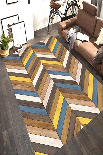 MKYHOME Kahve Tonlu Ahşap Parke Zemin Desenli Dijital Baskılı Halı