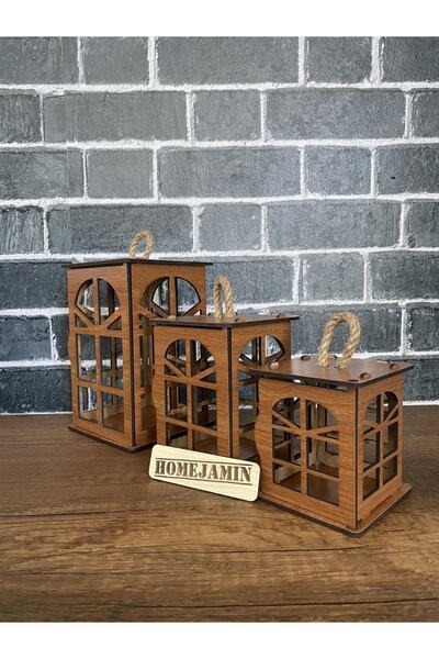 HomeJamin 3'lü Mini Ahşap Dekoratif Süs Fener Seti Hint Penceresi Motif