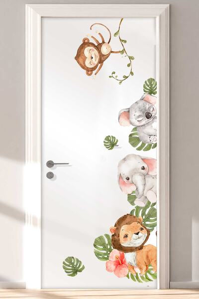 Sim Tasarım - Door Sticker - Watercolor Tropical Safari Animals Kids Room Door Sticker Set