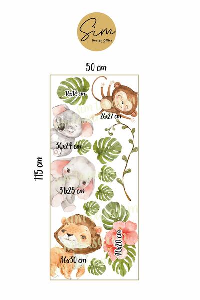 Sim Tasarım - Door Sticker - Watercolor Tropical Safari Animals Kids Room Door Sticker Set