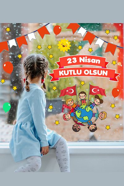 Sim Tasarım 23 April Children's Day Fun Glass Wall Decoration Sticker Set