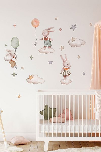 Sim Tasarım Cheerful Rabbits in Wonderland Kids Room Wall Sticker Set