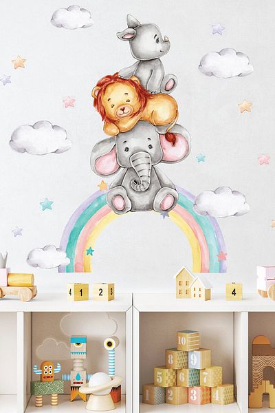 Sim Tasarım Safari Animals And Clouds In The Rainbow Wall Sticker Set