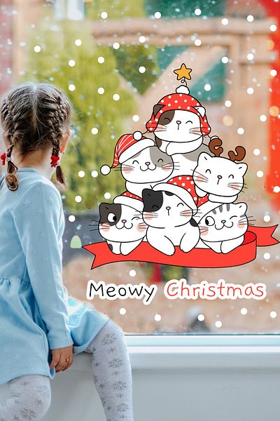 Sim Tasarım New Year Cute Cat Christmas Tree Glass Door Cabinet Sticker