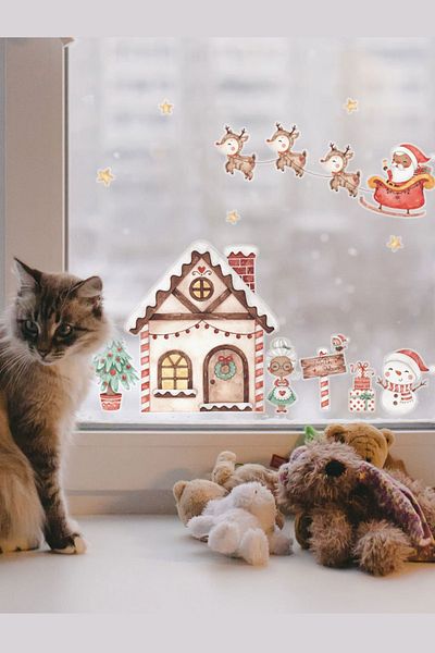 Sim Tasarım Christmas Sleigh And Deers Santa Claus New Year City Glass Door Wall Sticker Set
