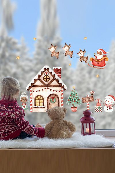 Sim Tasarım Christmas Sleigh And Deers Santa Claus New Year City Glass Door Wall Sticker Set