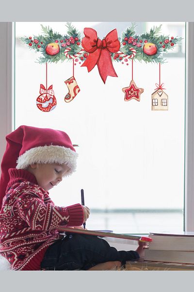 Sim Tasarım Christmas Ornaments with Ribbon New Year Glass Door Closet Decoration Sticker Set