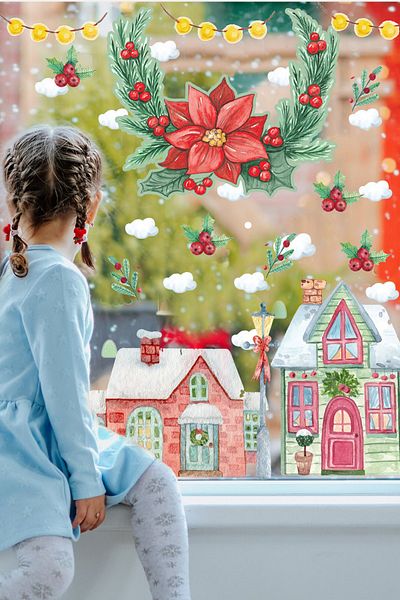Sim Tasarım Christmas Flowers and Snowy New Year Houses Decorative Glass Door Wall Sticker Set