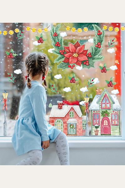 Sim Tasarım Christmas Flowers and Snowy New Year Houses Decorative Glass Door Wall Sticker Set