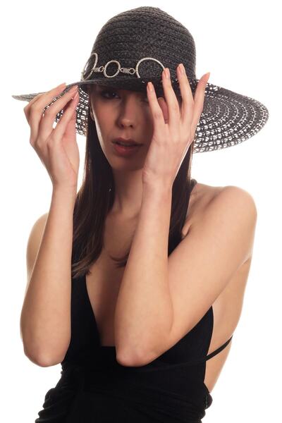 LABALABA Women's Antique Silver Plated Metal Belt Detailed Original Design Black Color Straw Hat