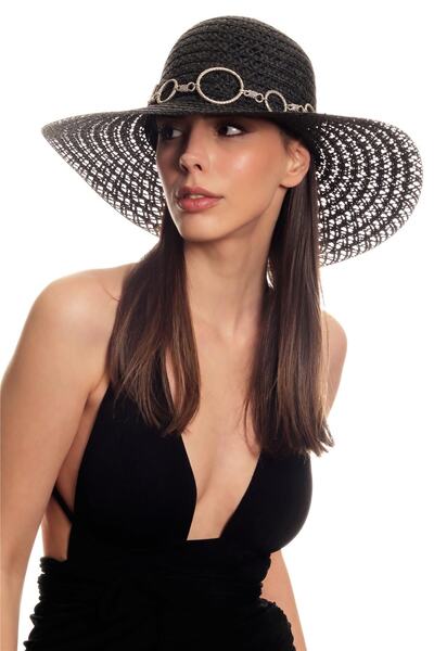 LABALABA Women's Antique Silver Plated Metal Belt Detailed Original Design Black Color Straw Hat