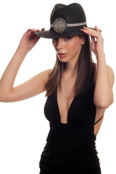 LABALABA Women's Antique Silver Plated Metal Belt Detailed Original Design Black Color Straw Hat