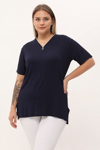 garajmood Navy Blue Collar Zippered Plus Size Blouse