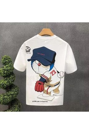 K stebek Beyaz Anime Doraemon Baseball unisex T shirt Fiyat