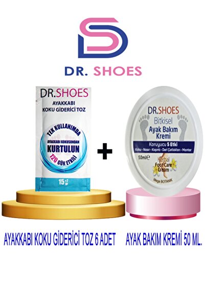 DR. SHOES Ayakkabı Koku Giderici Toz 120 Gün Etkili 6 Adet + Bitkisel Ayak Bakım Kremi 50 Ml. Koruyucu 5 Etki