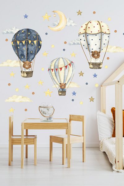Sim Tasarım Air Balloons with Teddy Bears Flying Balloon Kids Room Wall Sticker Set - Sim728